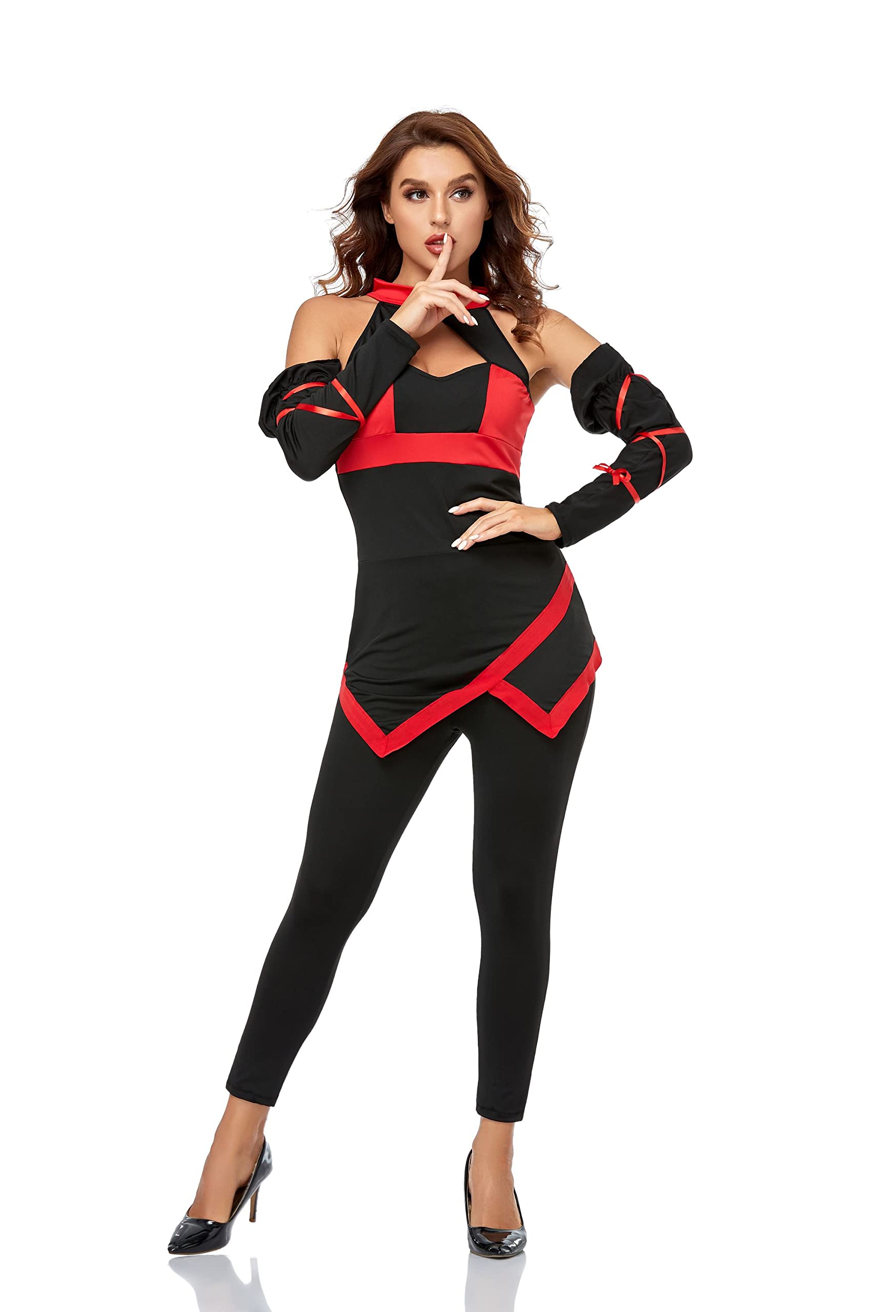 Women's Walker of Shadows Ninja Costume Cosplay Jumpsuit Halloween Warrior Fancy Dress Outfits Size Uk 14, Black/Red (SV3117-1)