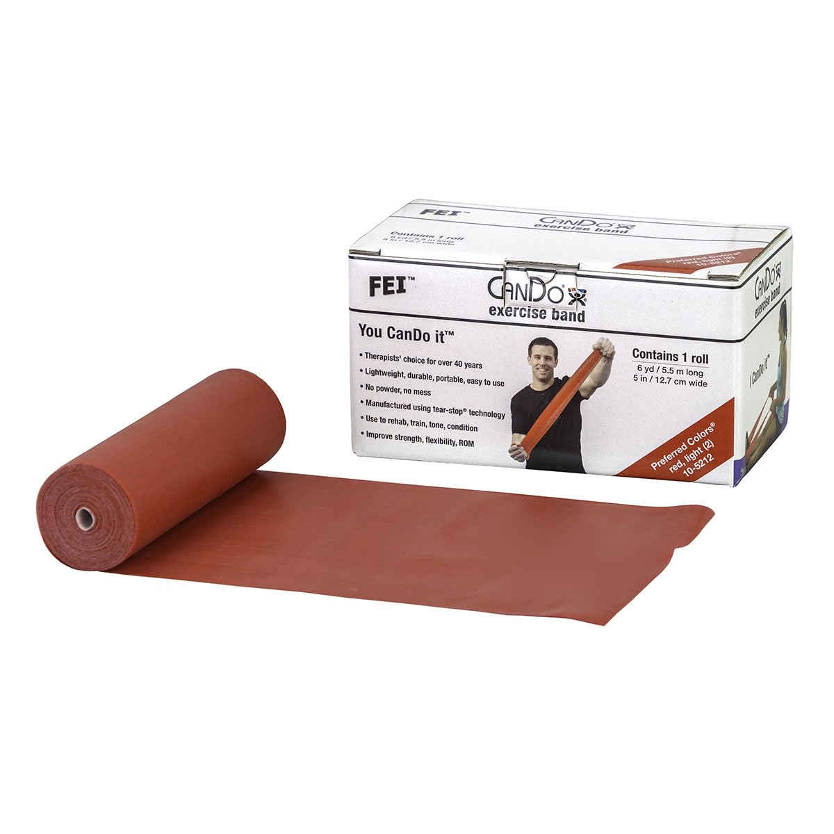 CanDo Resistance band / training band / gymnastics band - dispenser box, 5.5 m - red (light) - alternative to dumbbells