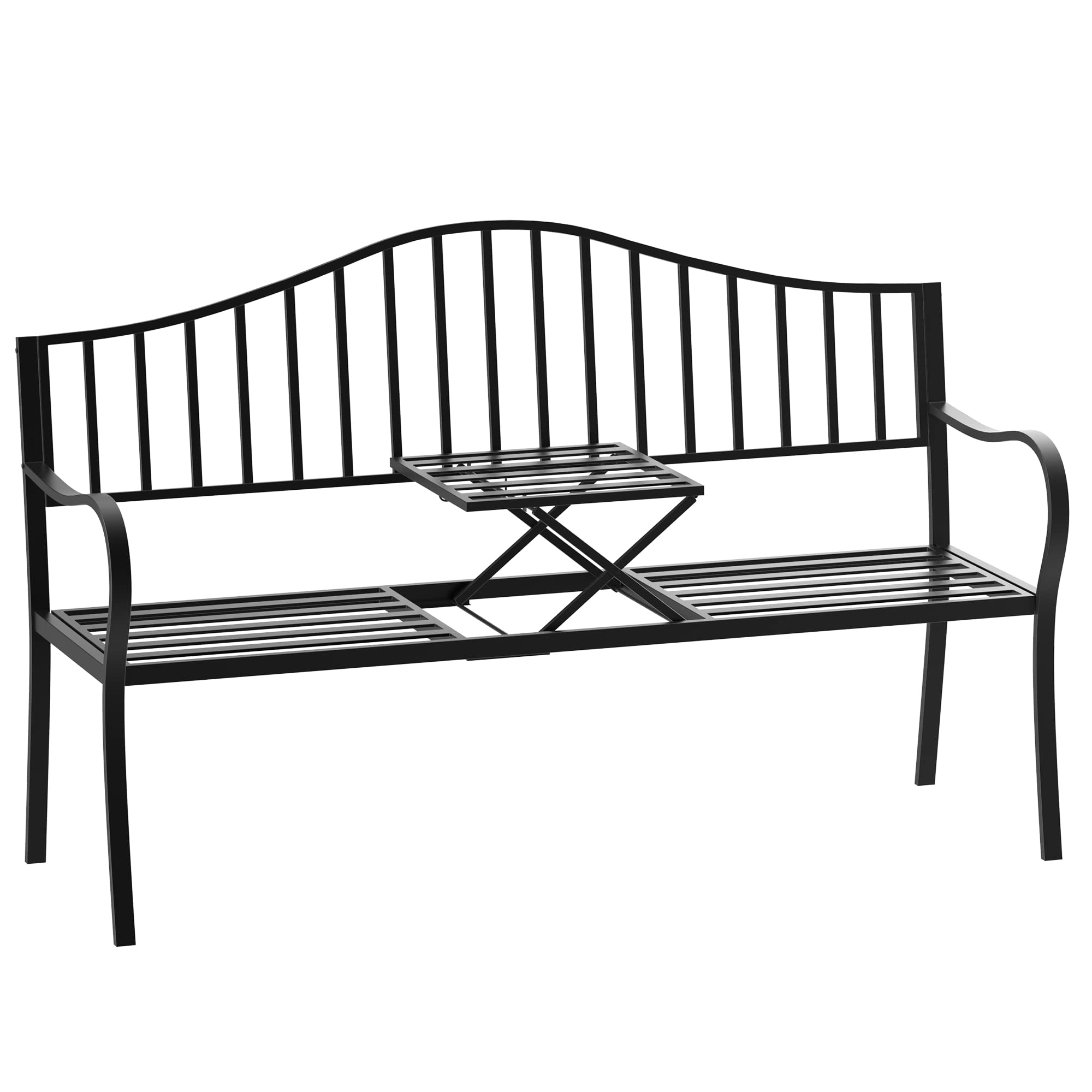 Outsunny Outdoor Metal Frame 2 Seater Bench Patio Park Garden Seating Chair with Foldable Middle Table