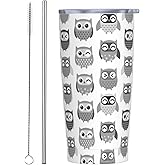 JASROTAO Cute Owls Tumblers, Grey Owl 20oz Stainless Steel Insulated Travel Tumblers,Travel Coffee Mug with Lid and Straw Cups Gifts for Women Men
