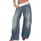 NRTHYE Women's Baggy Cargo Jeans Casual High Waisted Patchwork Denim Pants Straight Wide Leg Loose Streetwear Trousers
