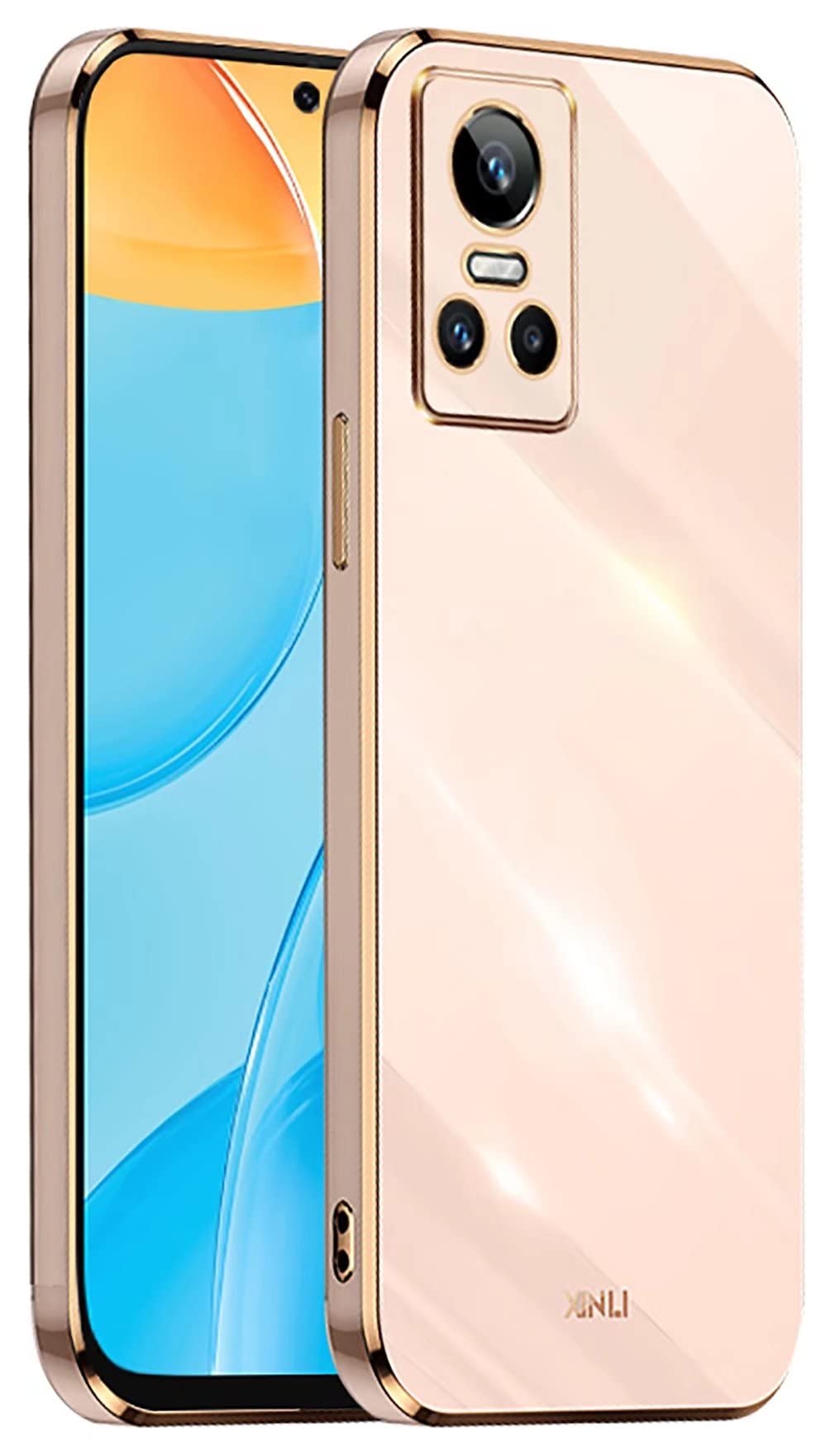 YUWEN Phone Cover Case for Realme GT Neo 3, Golden-Edge Design Colorful Shiny TPU Silicone Stylish Telephone Sleeve Shell - Pink