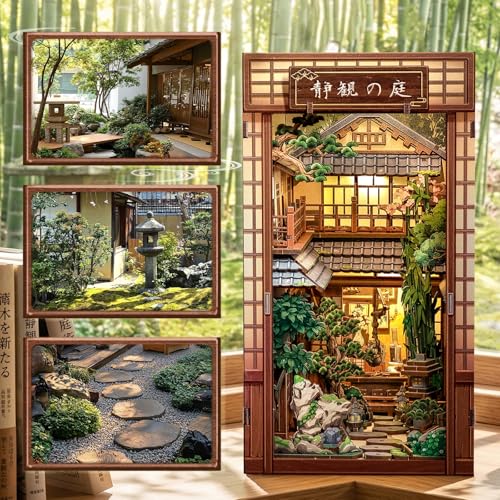 CUTEBEE Book Nook Kit - Kit de Casa de Muñecas para Adultos, Casa Miniatura Japonesa con Luz LED, Decoración para Estantería, (Serene Courtyard)