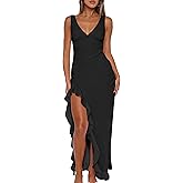 Mokoru Women's Sexy Bodycon V Neck Sleeveless Ruffle Hem High Slit Cocktail Party Maxi Dresses