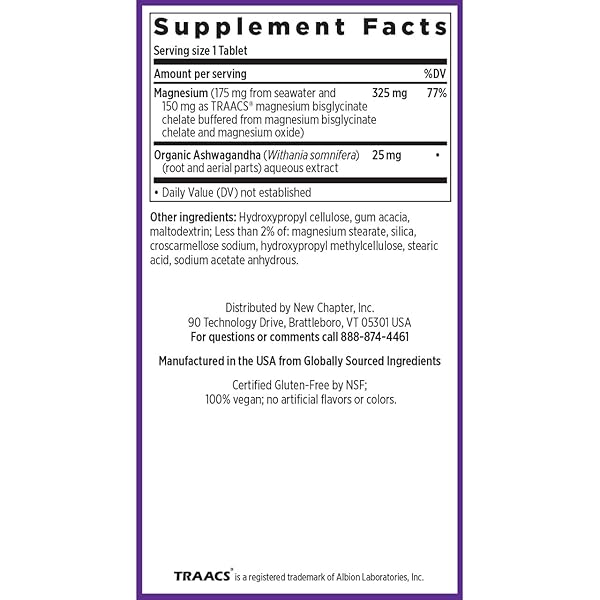 NEW CHAPTER MAGNESIUM + ASHWAGANDHA SUPPLEMENT, 325 MG WITH MAGNESIUM GLYCINATE, 2.5X ABSORPTION, MUSCLE RECOVERY, HEART & BONE HEALTH, CALM & RELAXATION, GLUTEN FREE, NON-GMO – 60 CT (2 MONTH SUPPLY)