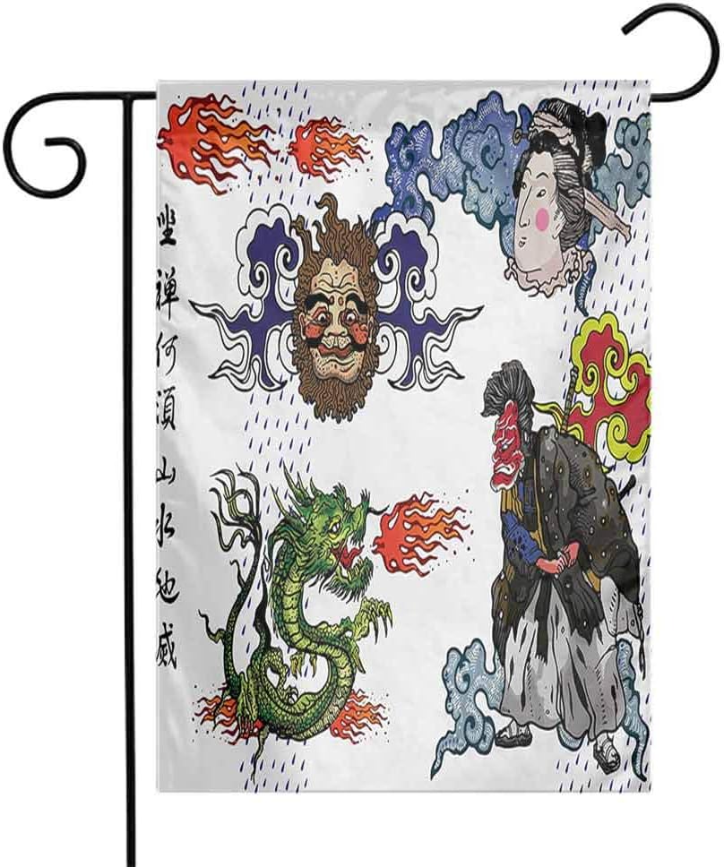 Amazon Com Zzmdear Beautiful Garden Flag Vertical Yard Outdoor Decorative Japanese Manga Figures Dragon With Fire A Man With Kimono Geisha Tribal Characters Green Blue 12 X18 Garden Outdoor