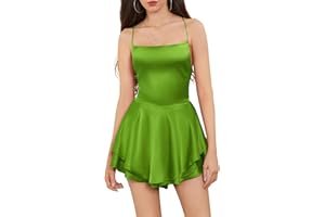LouVasabuce Women Sexy Backless Short Romper Satin Dress Cowl Neck Tie Ruffle Layer Spaghetti Strap Jumpsuit Mini Dress