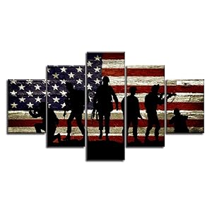 Military Soldiers Army USA US American Flag Wall Art Canvas Prints Thin Blue Red Line Home Decor Pictures for Living Room Bedroom 5 Panel Posters Paintings Framed Ready to Hang (50"Wx24"H, 26)