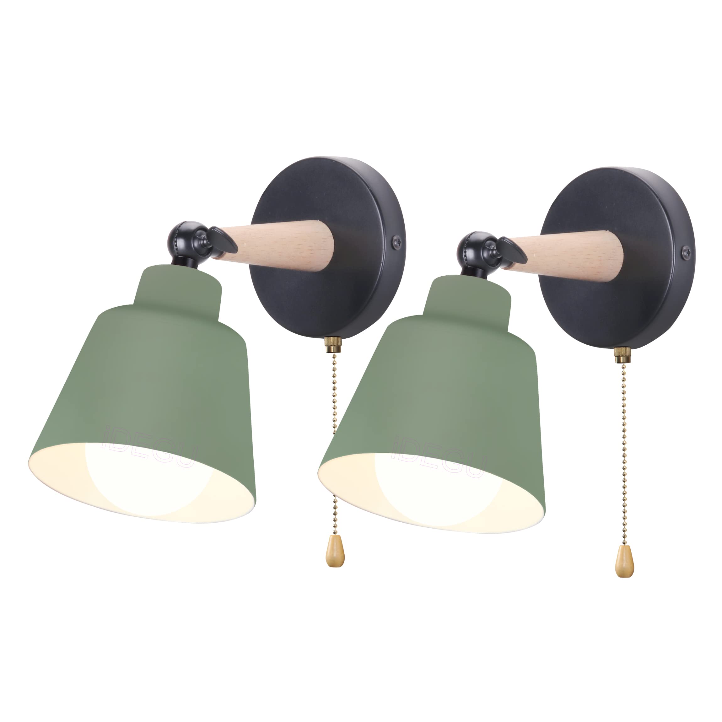 iDEGU Set of 2 Retro Vintage Wall Light E27 Industrial Wooden Metal Adjustable Interior Wall Lamp with Switch Modern for Bedroom, Entrance, Living Room (Olive Green)