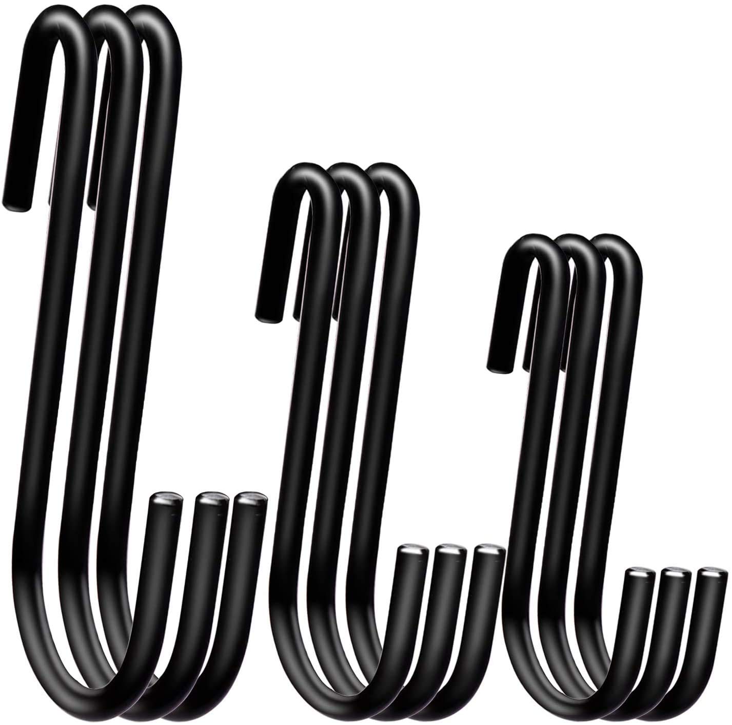 Swatowot 15 Pack Heavy Duty S Hooks 3 Sizes S Shaped Hanging Hooks Large Hangers for Kitchen, Bathroom, Bedroom and Office (15 Pack, Small+Medium+X-Large, Black)