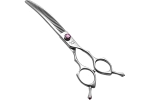 Fenice Peak 8.0‘’ Curved Chunker Dog Grooming Scissors with Purple Flashing Screw Professional 440C Stainless Steel Natural Color Pet Trimming Shears with Offset Handle Durable and Sharp