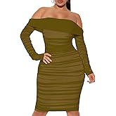 MOEENCN Mesh Long Sleeve Ruched Dress Sexy Off Shoulder Bodycon Women Knee Length Party Date Night Outfits