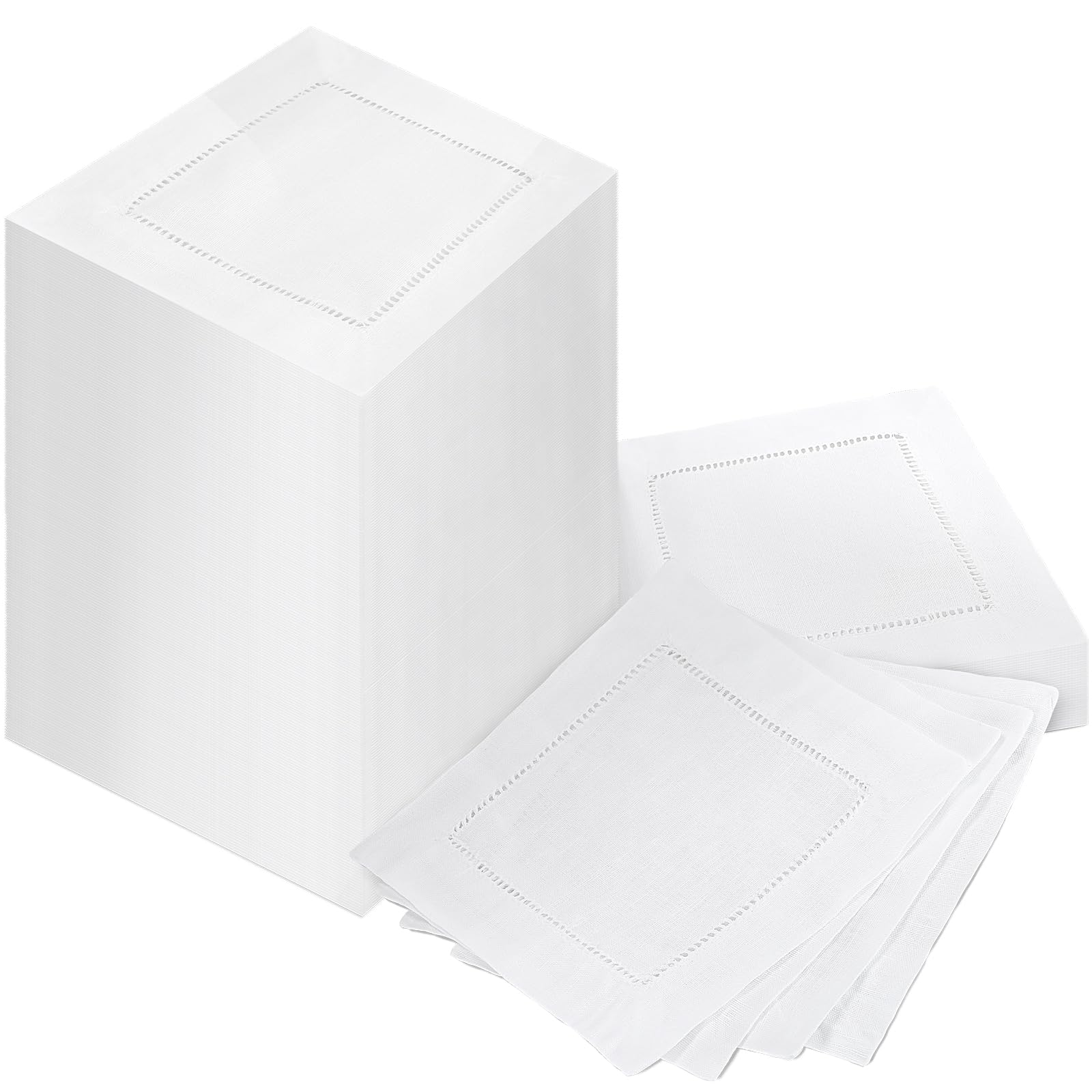 Photo 1 of ***MISSING PIECES -ONE PACK OPENED***< 160??? Pcs Linen Cocktail Napkins Bulk 6 x 6 Inch Cloth Hemstitch Fabric Napkins for Party Wedding Bar Beverage Coffee Dessert (White)