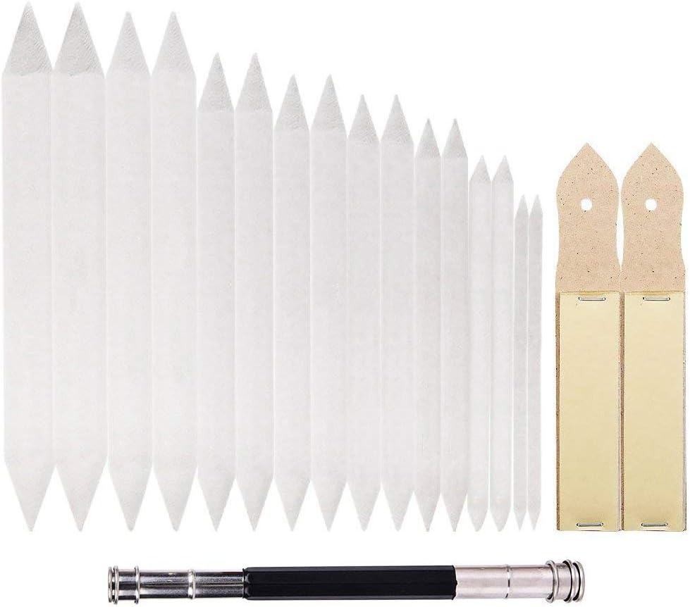 Pizies 16 Pieces Blending Stumps and Tortillions Set & 2 Pieces Sandpaper Pencil Sharpener & 1 Pieces Pencil Extension Tool for Student Sketch Drawing, Total 19 Pack