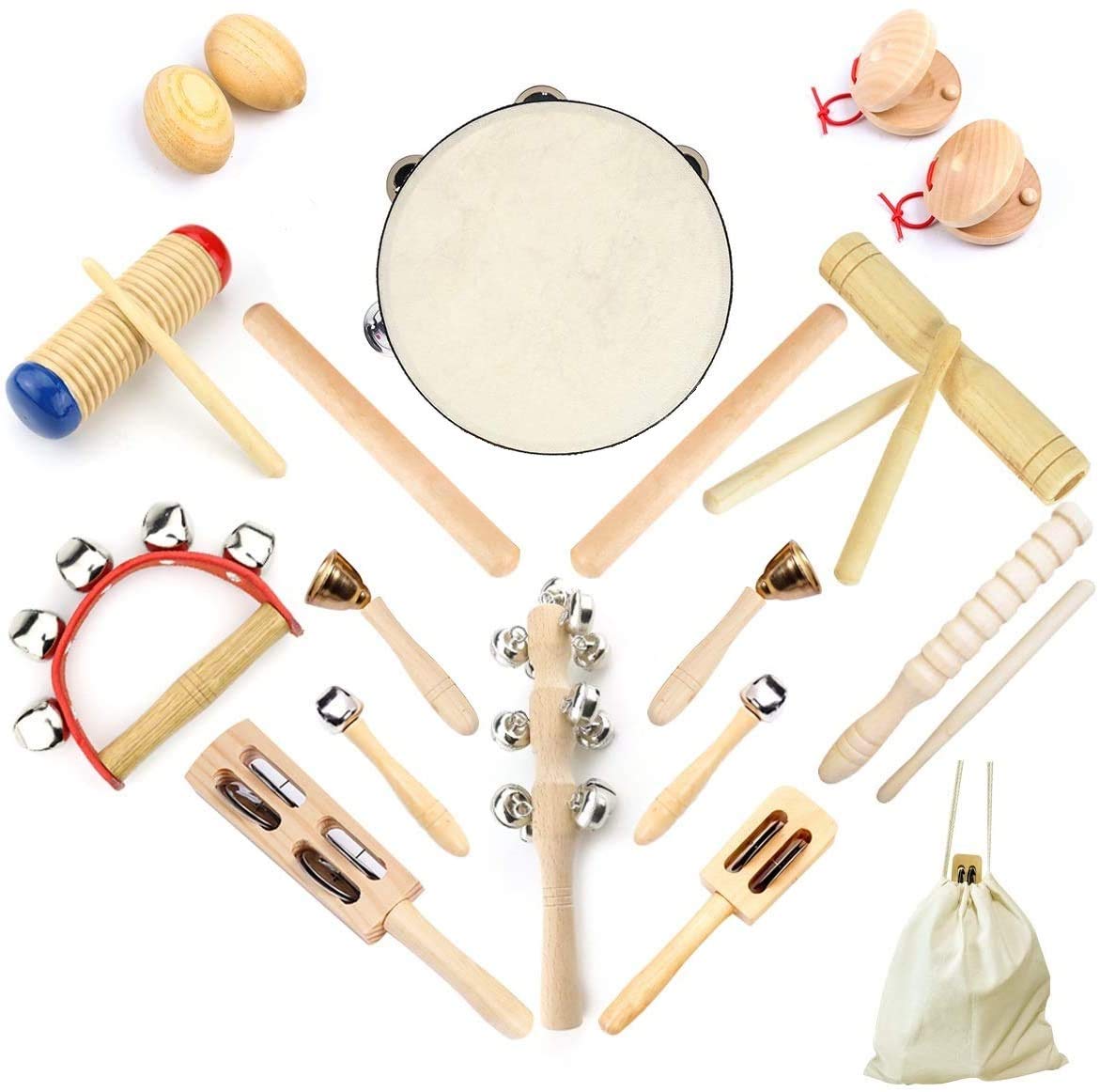 ULIFEME Musical Instruments, Wooden Percussion Instruments for baby, Kids and Toddler, Children's 23pcs Pure Wood Toys Set, Premium Percussion Rhythm Kit, Girls & Boys Gift, Pure Cotton Bag Packed