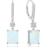 YL Princess Emerald Cut Dangle Earrings for Women, Solid 925 Sterling Silver 18K White Gold Plated Square Birthstone Halo Leverback Jewelry Gifts