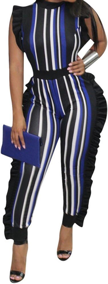 Uni Clau Women's Sleeveless Stripe Ruffle Bodycon Long Pants High Waist Party Jumpsuits Romper Plus Size