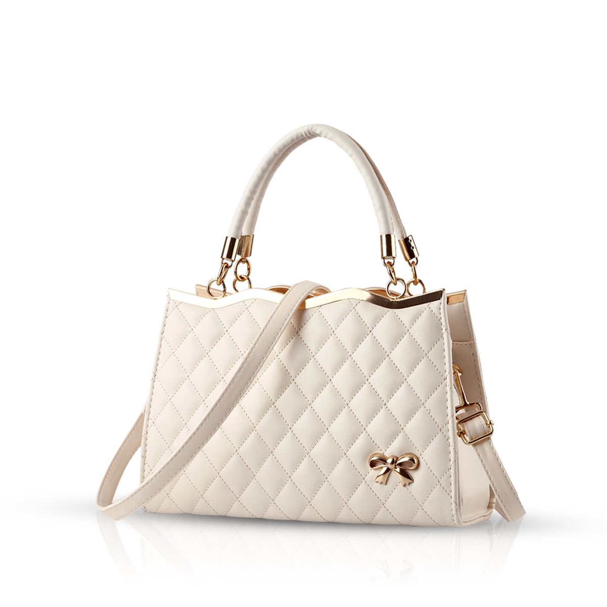 Nicole&Doris New Women/Ladies Handbag Shoulder Crossbody Bag Soft Surface PU Leather Diamond Lattice Ivory