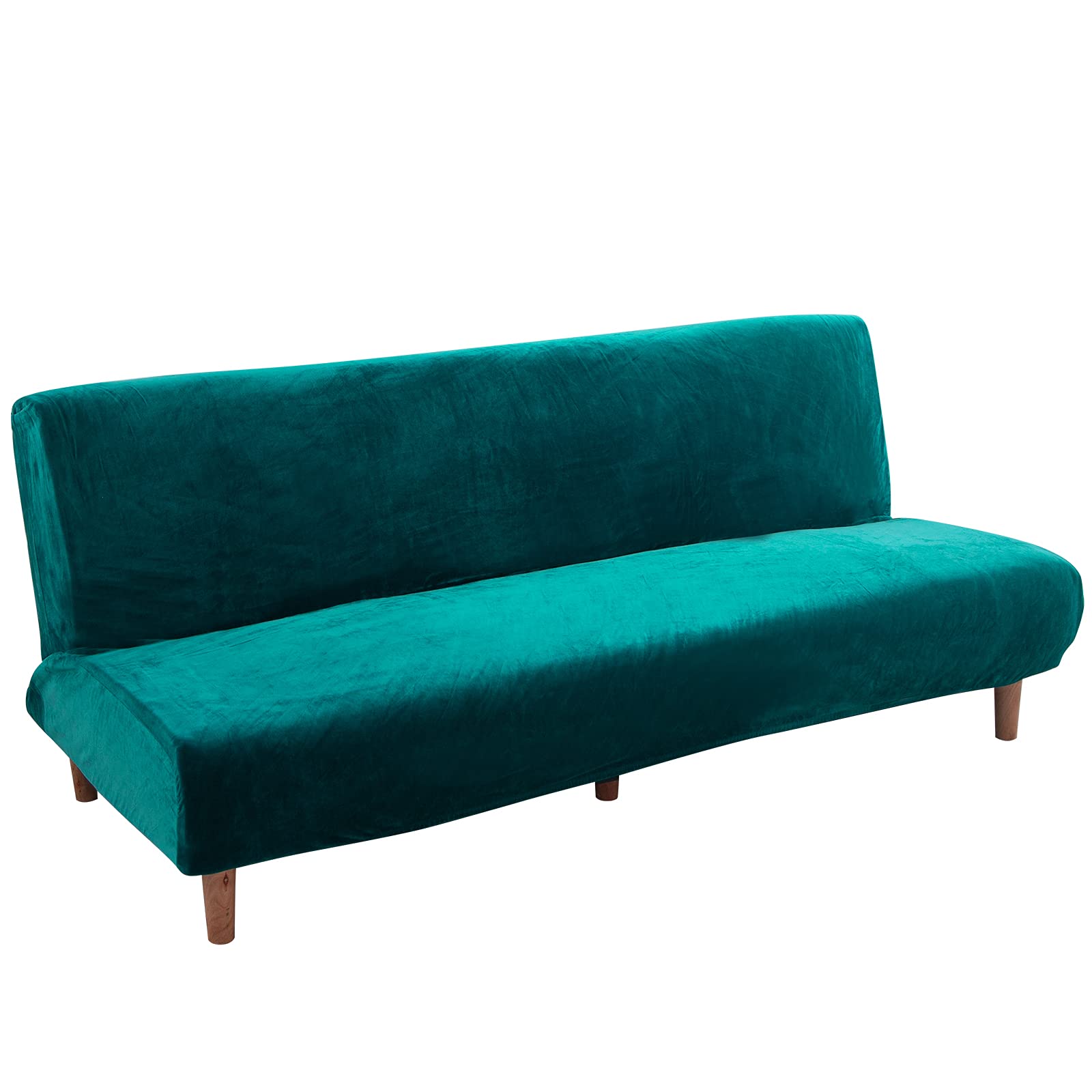 Mingfuxin Armless Sofa Bed Covers, Thick Stretch Velvet 2-3 Seater Armless Sofa Cover Seat Couch Protector, Non-Slip Elastic Folding Couch Sofa Shield Futon Slipcover (Thick Velvet | Emerald Green)