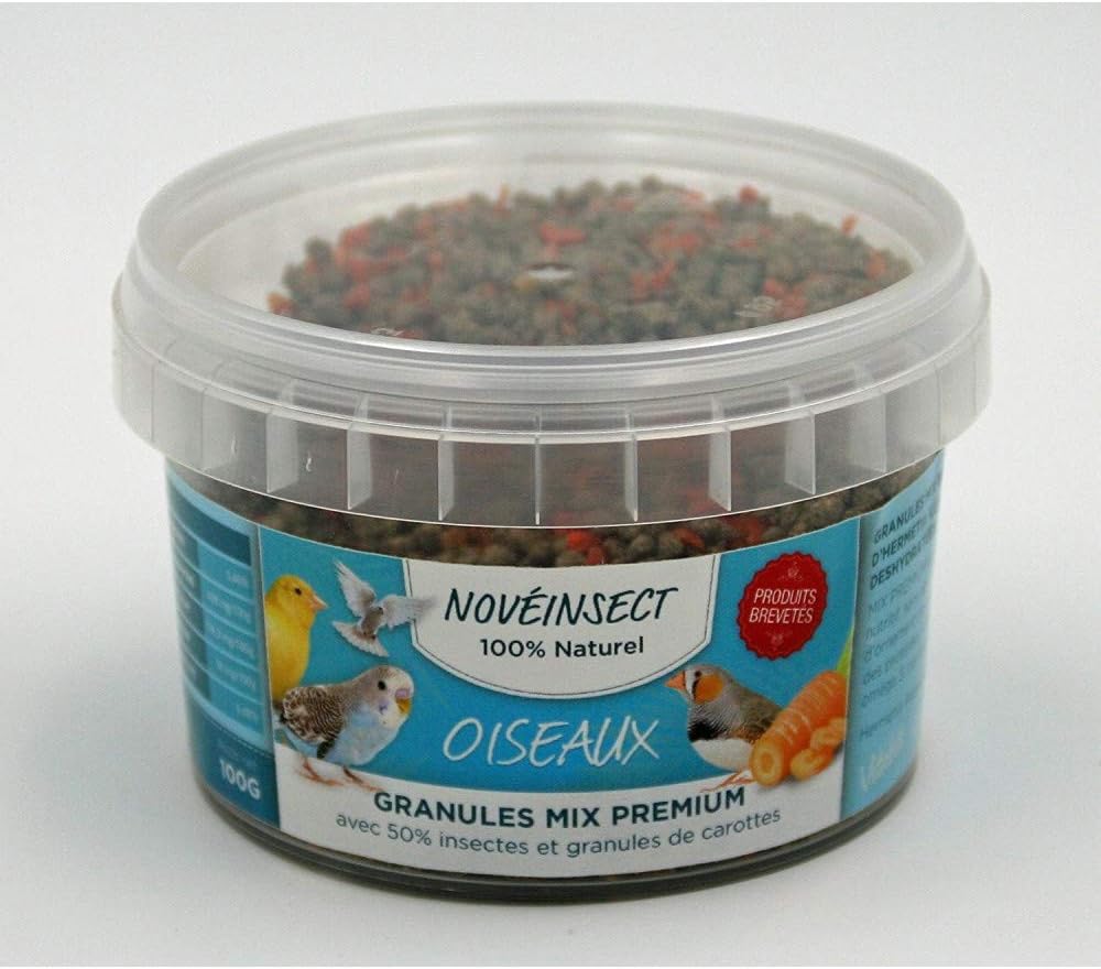 novealand - Alimentation oiseaux 100% naturel 50% de poudre de larve d'hermetia illucens et 50% granules de carottes - pot de 100 grammes - GR1-100-O