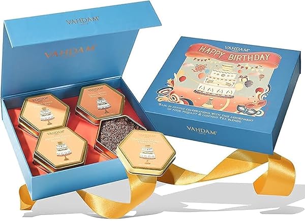 VAHDAM, BIRTHDAY TEA GIFT BOX (7.05OZ/100+ CUPS) PREMIUM BIRTHDAY TEA GIFT SETS | 4 LOOSE LEAF TEA – GREEN TEA, CHAI TEA, HERBAL TEA | GLUTEN FREE, NON GMO | GIFTS FOR WOMEN & MEN, GIFTS FOR HIM/HER