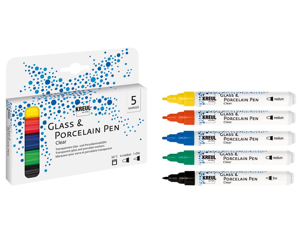 KREUL 42650 Glass & Porcelain Pen Set Clear 4 Pens in Yellow, Red, Blue, Green and Black Contour Pen, Line Width Approx. 2-4 mm, Transparent Glass and Porcelain Water-Based Paint