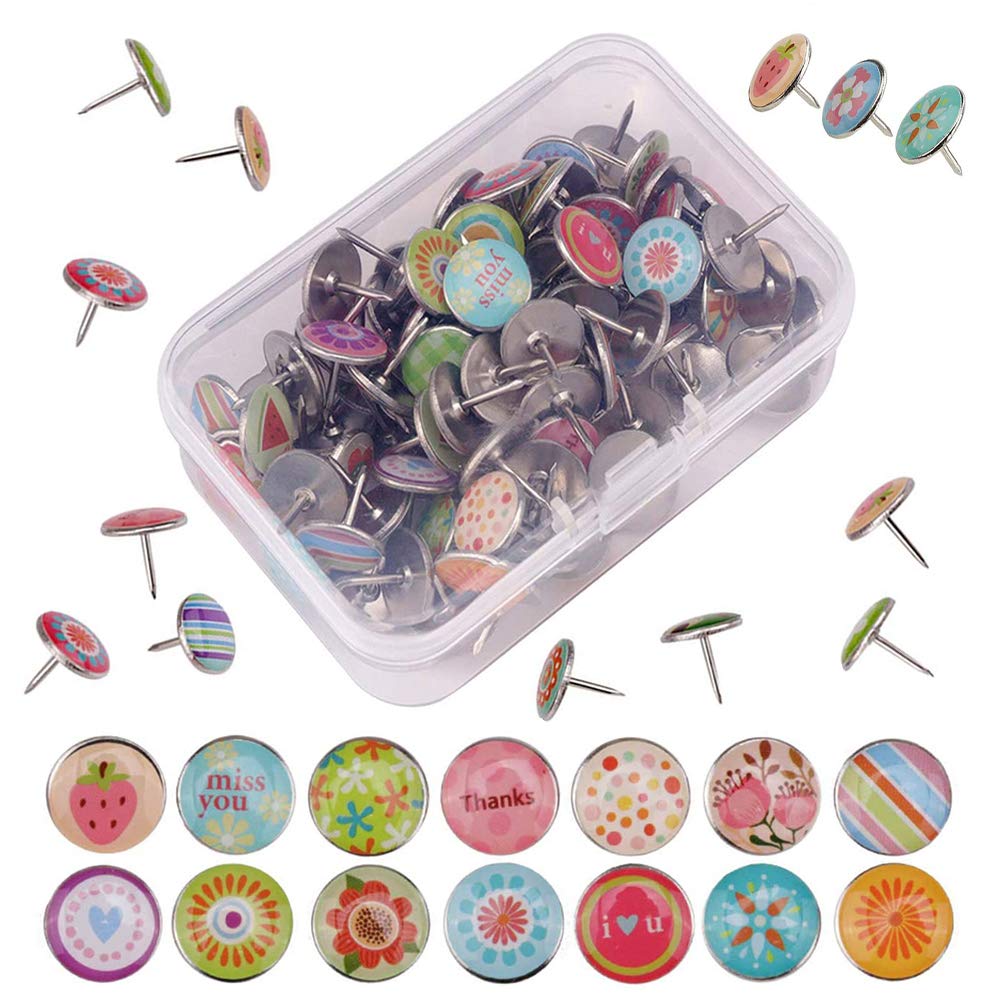 100 Pieces Round Push Pins, Decorative Push Pins, Fashion Creative Cartoon Push Pins for Wall Maps, Photos, DIY Tool, Bulletin Board, Cork Boards (Random Colour)