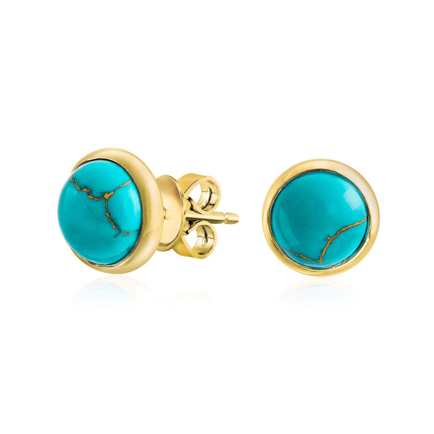 Simple Blue Compressed Blue Turquoise Bezel Set Round Dome Button Stud Earrings For Women Gold Plated .925 Sterling Silver — image 1