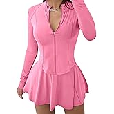 Vssjavun Women 2 Piece Mini Skirt Sets with Long Sleeve Zipper Workout Jacket Sweatsuit Tracksuit Tennis Outfits