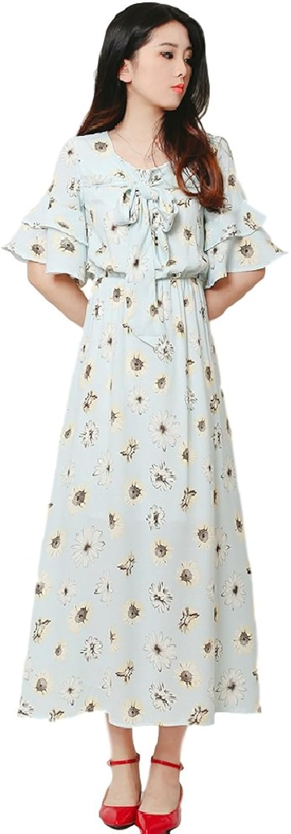 Amazon Teranos レディース ワンピース 膝丈 きれいめ おしゃれ 清楚 Ol デート 二次会 夏 春 秋 半袖 花柄 ひまわり Free 水色 ワンピース チュニック 通販