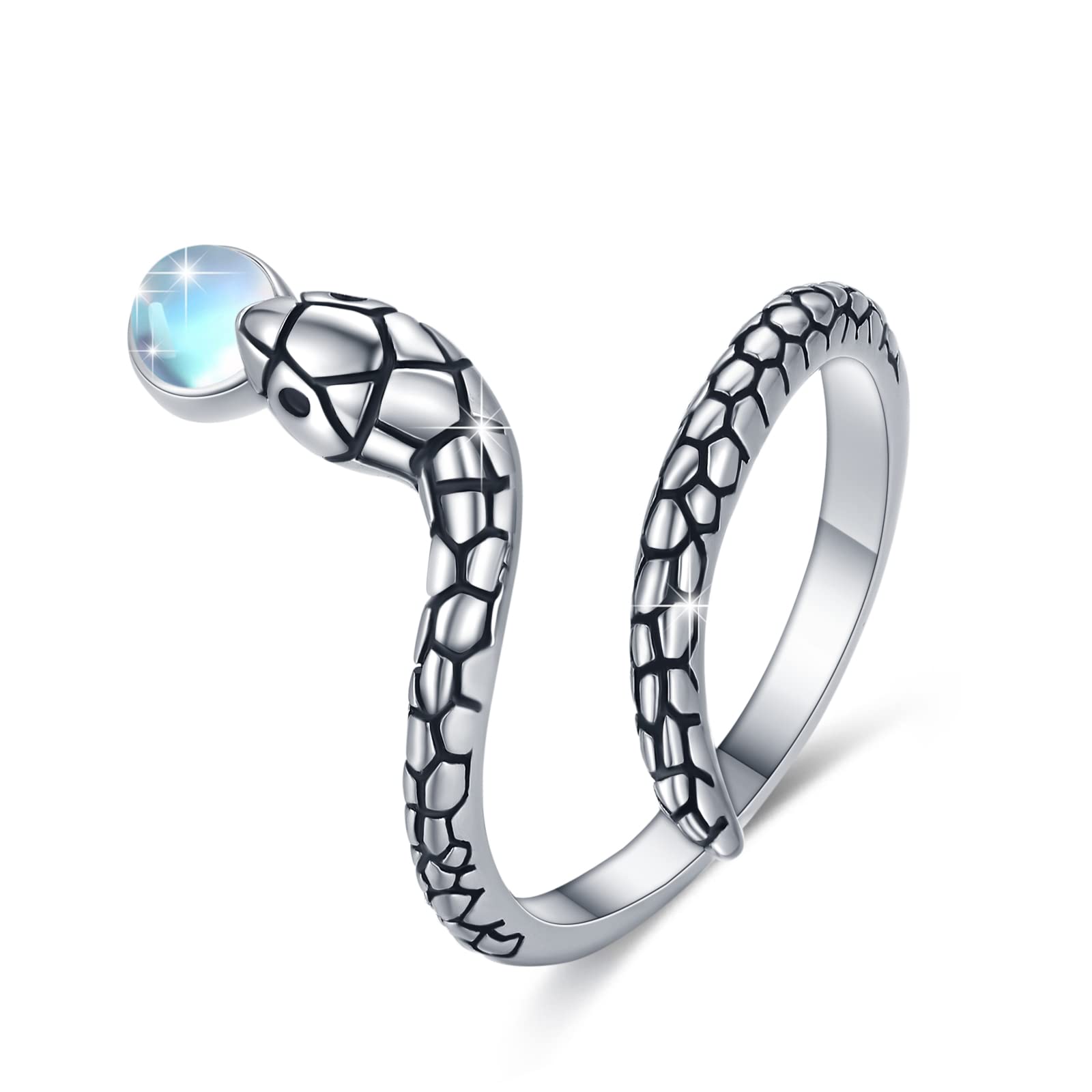 JFASHOP Moonstone Snake Rings Women 925 Sterling Silver Moonstone Rings Open Size for Women Animal Rings Punk Gifts Valentines for Men