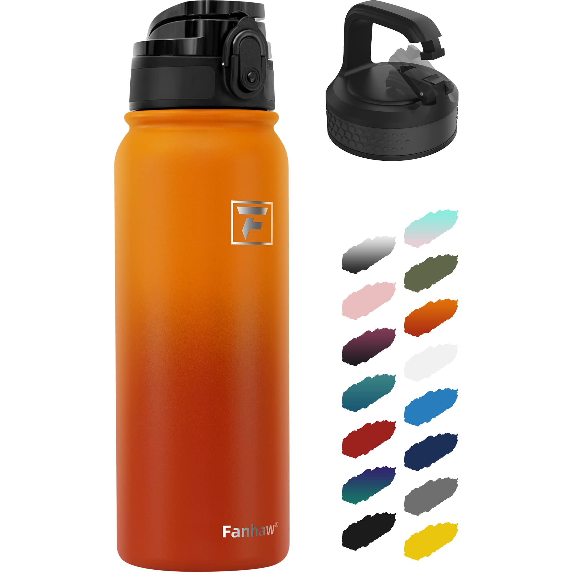 Fanhaw 600ml Insulated Stainless Steel Water Bottle with 2 Lids - Leak & Sweat Proof with Anti-Dust Lid (Yellow Orange)