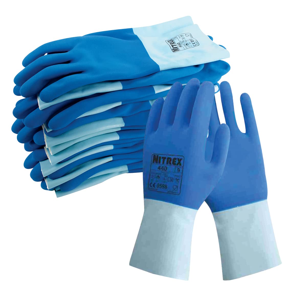 Nitrex 440 Chemical Resistant Safety Gloves, Bag of 10 Pairs, Size 9 - Cotton Lined Chemical and Heat Resistant Latex Gauntlet