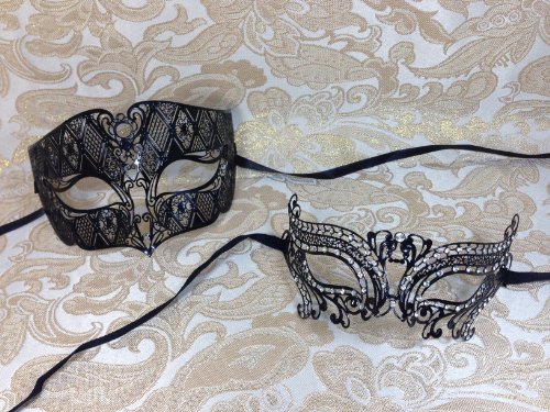His & Hers Masquerade Couples Venetian Design Masks - 2 Piece Black Colored Set Metal Mask - Perfect Lover Swan Couple Mardi Gras Queen Party Halloween Ball Prom by BK