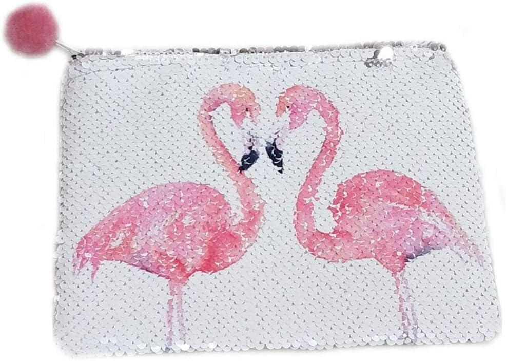 FanRich Ladies Fashion Mermaid Reversible Sequin Cosmetic Makeup Bag Clutch Handbag Glitter Coin Cards Holder Purse Wallet Pencil Pouch for Girl (Double Flamingo-Silver)