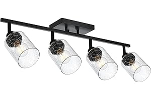 Wanluce 4-Light Black Track Lighting Kit Ceiling Mount Kitchen Track Lighting Fixtures, Bathroom Ceiling Tracking Vanity Light with Bubble Seeded Glass Shade & Rotatable Tracking Heads for Accent Shop