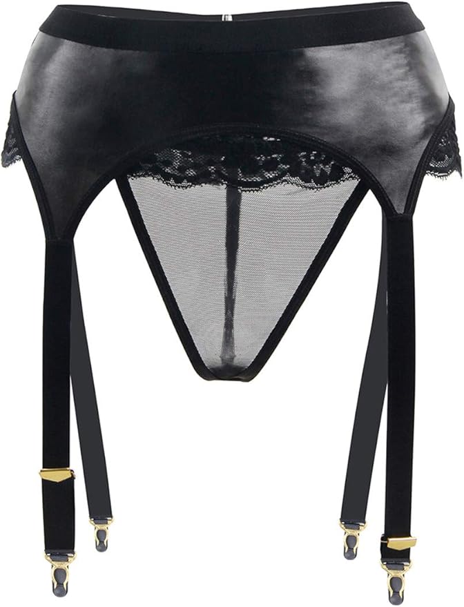 BravoPm Femme Sexy PorteJarretelles en Faux Cuir Dentelle Lingerie Grande Taille avec String FR