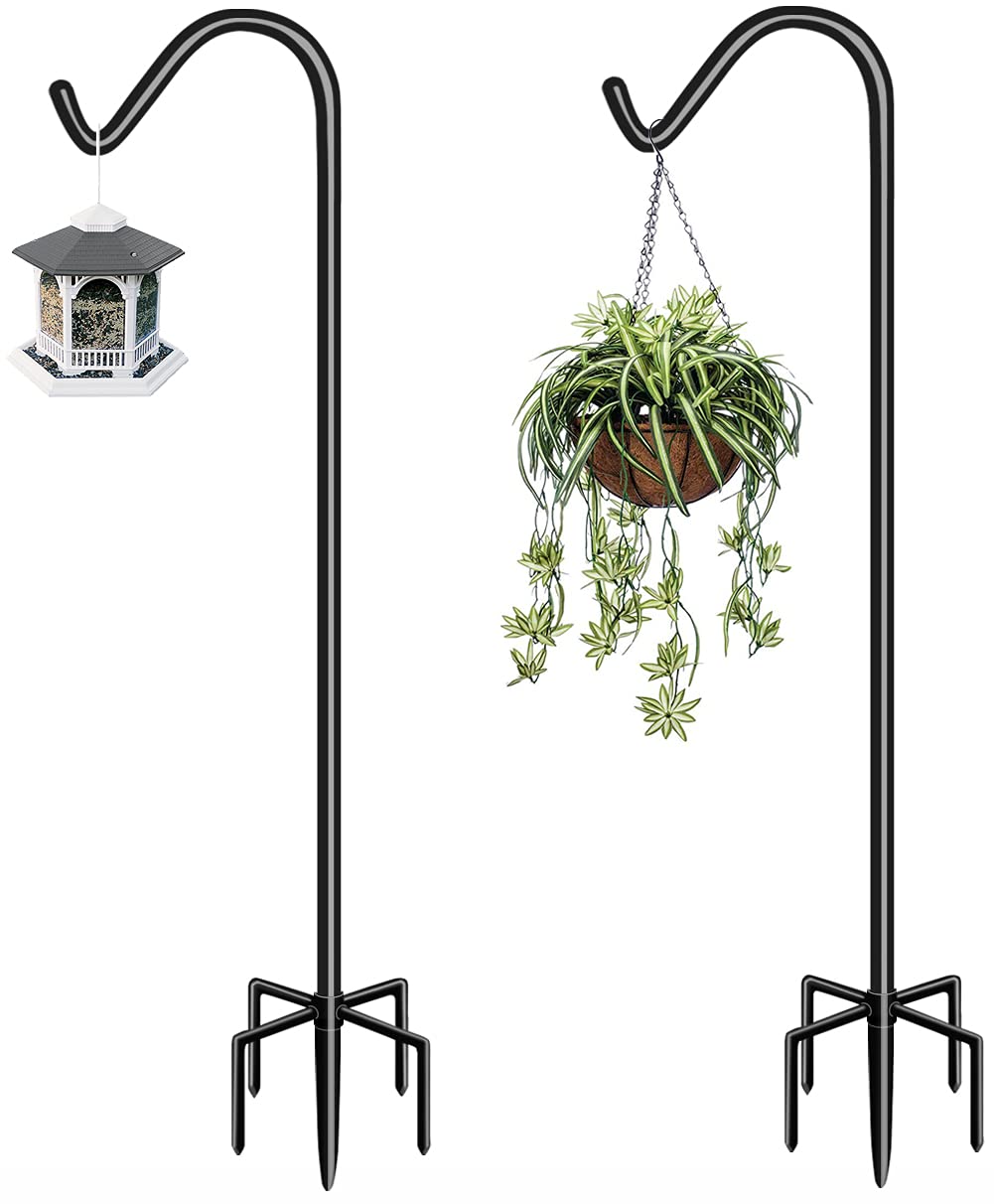 Garbuildman 76 Inch Tall Shepherd Hooks with 5-Forked Base, Adjustable Heavy Duty Bird Feeder Pole Stand Hanger for Outdoor, Shiny Black, 2 Pack