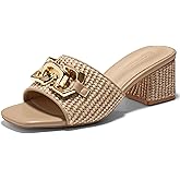 Coutgo Womens Raffia Slide Sandals Chunky Block Heeled Square Open Toe Metal Chain Slip on Mules Dressy Shoes