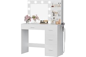 Furmax Vanity Desk with LED Lighted Mirror&Power Outlet, Makeup Vanity Table with 4 Drawers, 3 Open Storage Shelves, and 3 Color Modes, for Bedroom (Pure White)