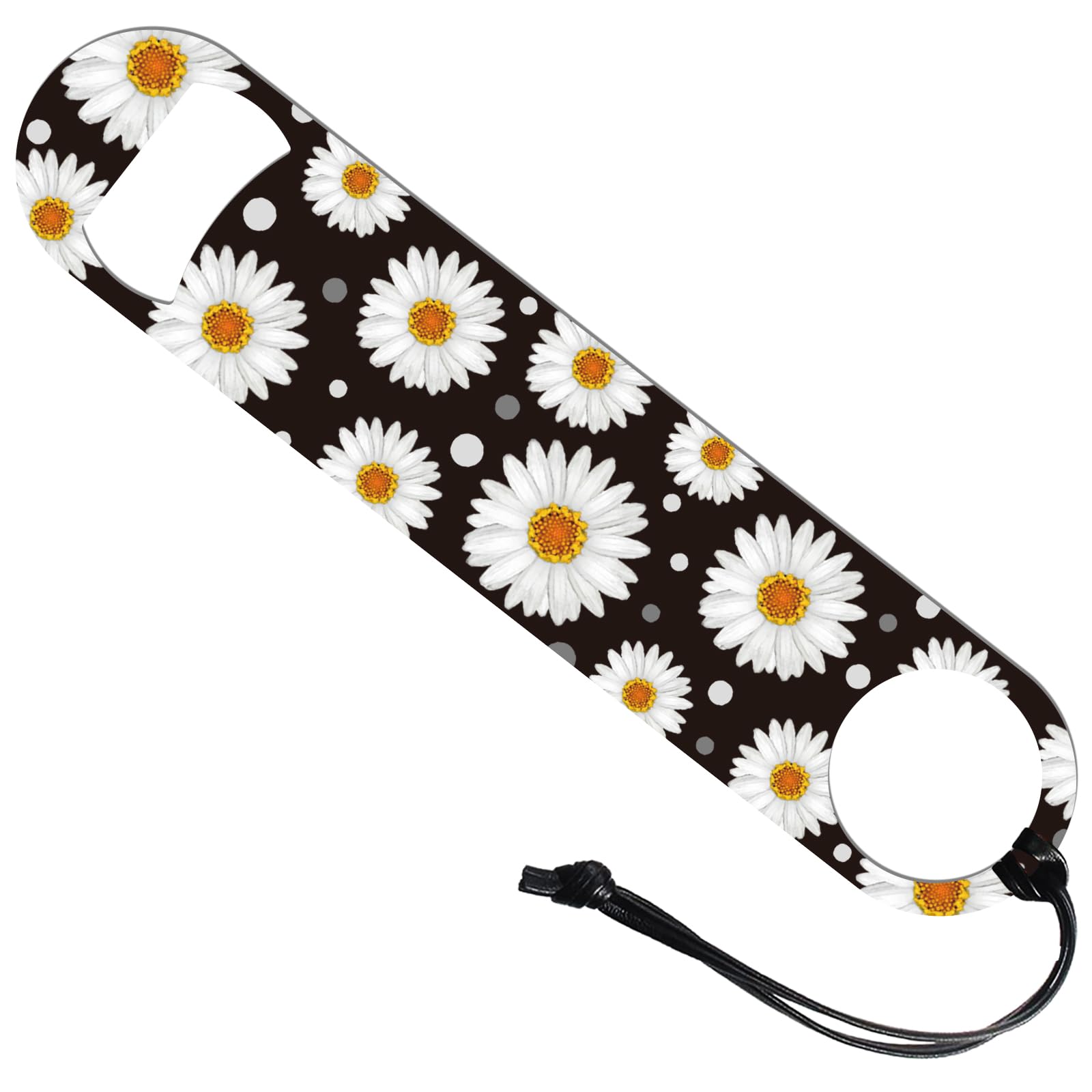 GLOBLELAND Daisy Flower Art Stainless Steel Bottle Opener with PU Leather Cord - Heavy Duty Bar Funny Bartender Opener for Home Kitchen, 7 inch