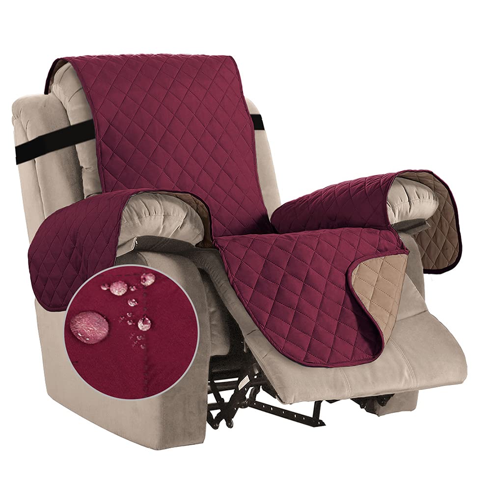 Bestenrose Waterproof Recliner Chair Covers for Armchairs Recliner Covers with Adjustable Elastic Straps Washable Quilted Sofa Slipcovers Sofa Protectors for Kids and Pets (Recliner, Red Wine)