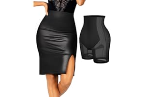 Popilush The Shapewear Skirt Black Faux Leather Skirts with Built in Shapewear Tummy Control High Waist Midi Skirt
