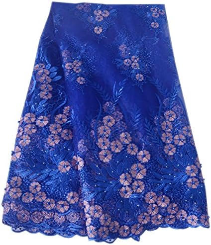 Lacerain 5 Yards African Lace Fabric Nigerian French Mesh Tulle Lace Fabrics Material Embroidery and Rhinestones Trim for Party Wedding Dress Skirt (Blue)