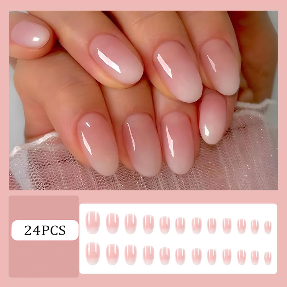 RUPOFUZA Almond Press on Nails Short Squoval Fake Nails Pink Ombre White False Nails with Glossy Press ons Designs Acrylic Nails Press on Artificial Nails Stick on Nails for Women 24Pcs - Image 2
