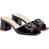 CarolieRossi Women's Patent Leather Square Toe Block Heel Mule Sandals - V-Buckle Decor Slip-On Heeled Slides - Elegant Summer Dress Shoes for Office Party Vacation