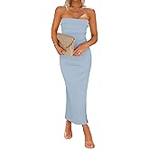 ZESICA Women's 2026 Summer Strapless Bodycon Midi Dress Off Shoulder Sleeveless Side Slit Tube Long Club Party Dresses