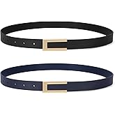 SANSTHS 2 Pack Skinny Leather Belts for Women, Ladies Thin Waist Belt for Dresses Jeans Pants with Gold Buckle