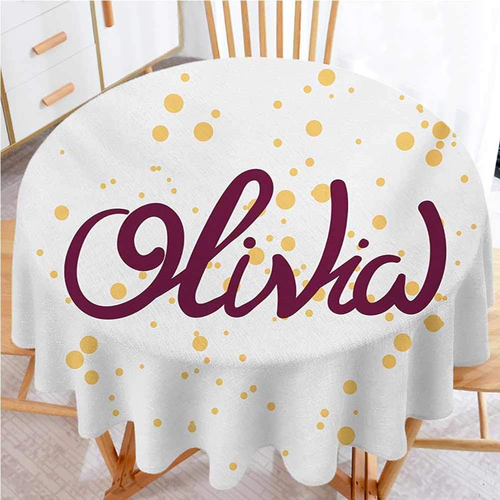 shirlyhome Olivia Round Table Cloth Dotted Background with Calligraphic Traditional Female Name Illustration Premium Tablecloth Maroon and Mustard (Diameter 36")