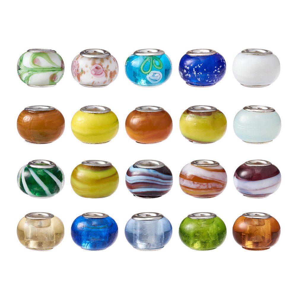 PandaHall 100pcs Lampwork Glass Beads 14~16mm Large Hole with Brass Double Cores Fit European Snake Chain Charm Bracelets